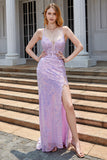 Lilla Sparkly Appliques korsett Prom kjole med Slit