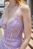 Lilla Sparkly Appliques korsett Prom kjole med Slit