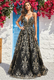 A Line Spaghetti stropper Black Golden Long Prom kjole med bronzing