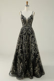 Svart Golden Spaghetti stropper Long Prom Dress