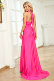 Havfrue Halter Neck Fuchsia Long Prom Kjole med Split Front
