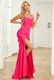 Havfrue Halter Neck Fuchsia Long Prom Kjole med Split Front