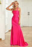 Havfrue Halter Neck Fuchsia Long Prom Kjole med Split Front