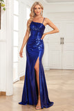 Mermaid Spaghetti stropper Navy Long Prom kjole med Split Front