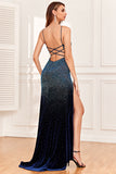 Navy Beading Spaghetti stropper Prom kjole med Slit