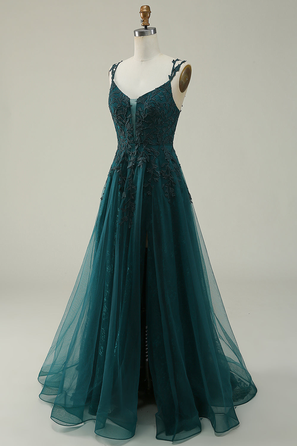 A Line Spaghetti Straps Dark Green Long Prom kjole med Appliques