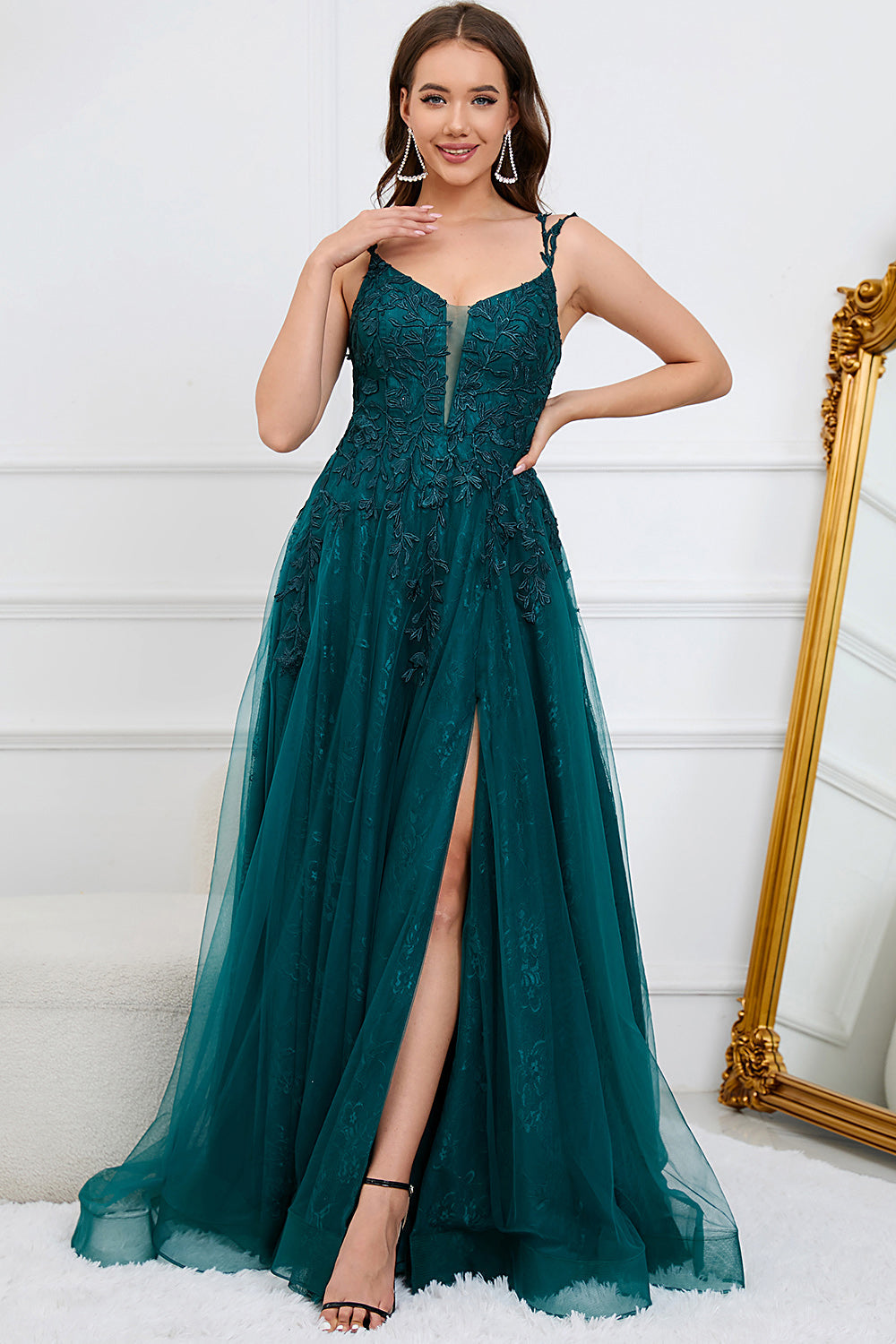 A Line Spaghetti Straps Dark Green Long Prom kjole med Appliques