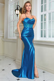 Sparkly Blue Corset Long Prom Dress med Slit