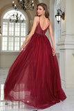 Sparkly Burgundy Beaded Long Tylle Prom Dress med Slit
