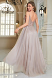 Glitter Blush A-Line Tylle Long Prom kjole med blonder