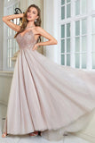 Glitter Blush A-Line Tylle Long Prom kjole med blonder