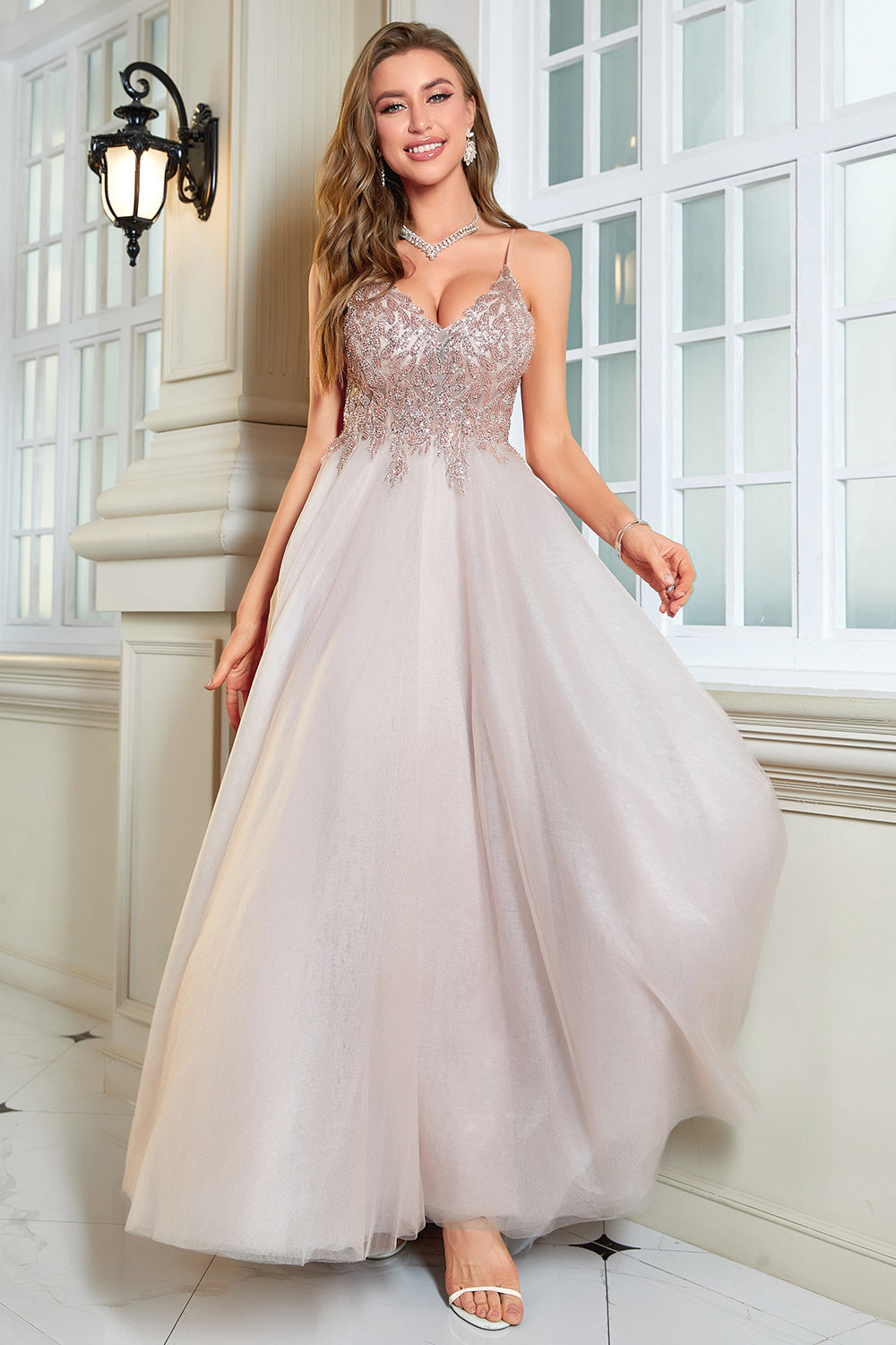 Glitter Blush A-Line Tylle Long Prom kjole med blonder
