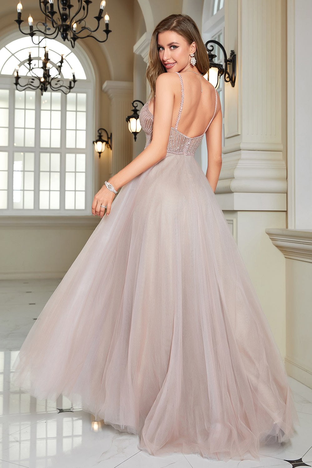Sparkly Blush Beaded A-Line lang formell kjole