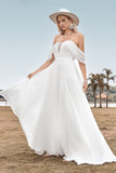 Av skulderen Ivory Boho Chiffon Ruched A Line brudekjole