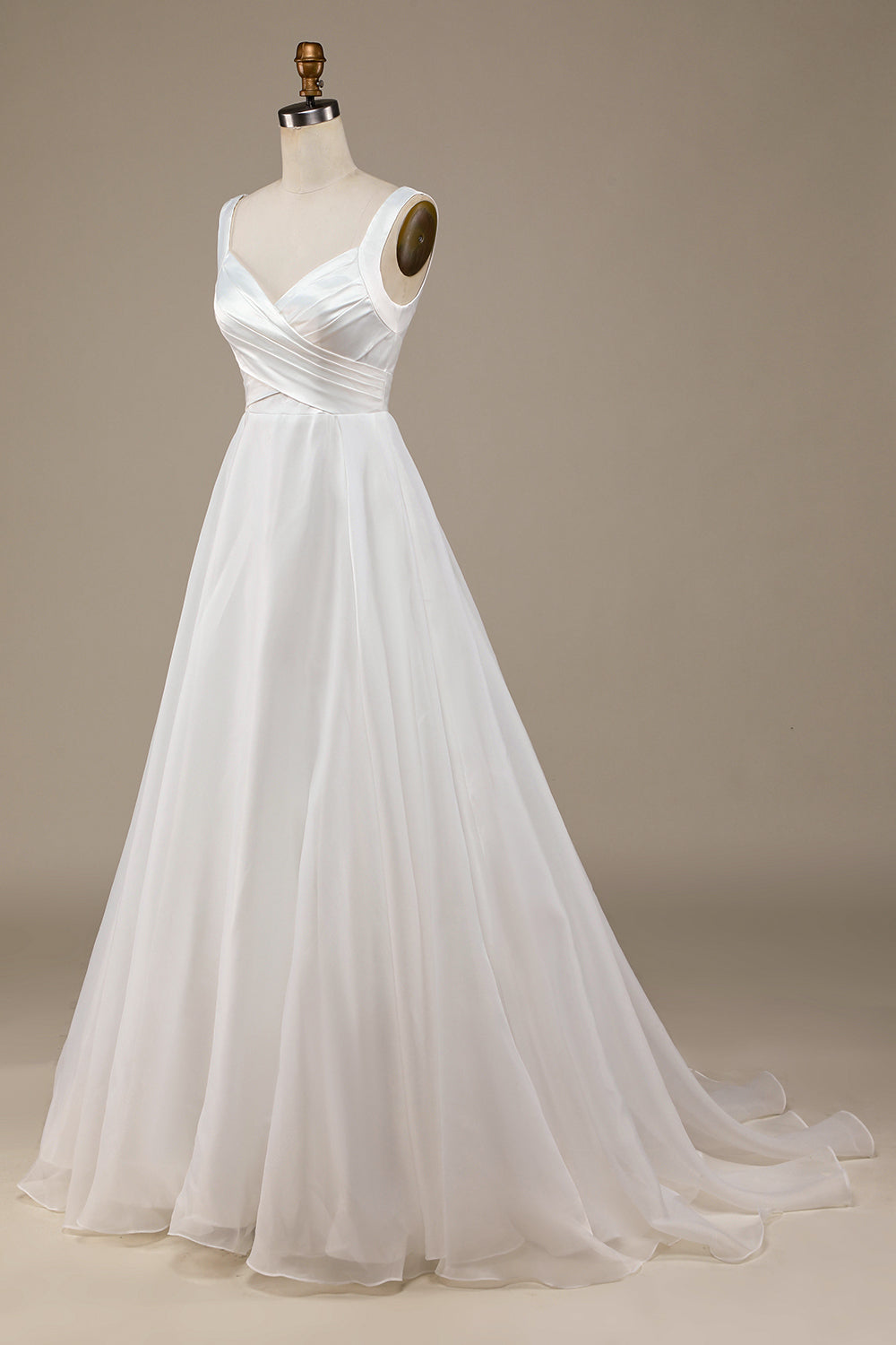 Enkel Ivory Organza Scoop Neck Sweep Train brudekjole
