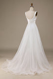 Enkel Ivory Organza Scoop Neck Sweep Train brudekjole