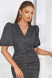 Black Bodycon V Neck Polka Dot Ruched formell kjole med puff ermer