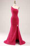 Sparkly Fuchsia Mermaid One Shoulder Long Sequin Prom Dress med Slit