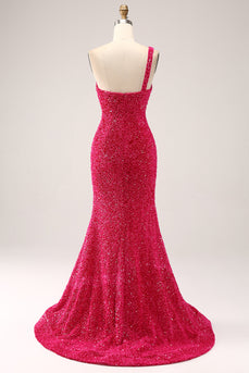 Sparkly Fuchsia Mermaid One Shoulder Long Sequin Prom Dress med Slit