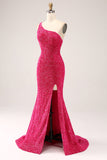 Sparkly Fuchsia Mermaid One Shoulder Long Sequin Prom Dress med Slit