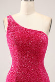 Sparkly Fuchsia Mermaid One Shoulder Long Sequin Prom Dress med Slit