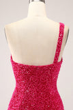 Sparkly Fuchsia Mermaid One Shoulder Long Sequin Prom Dress med Slit