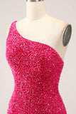 Sparkly Fuchsia Mermaid One Shoulder Long Sequin Prom Dress med Slit