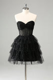 Sparkly Cute A Line Black Sweetheart Tiered Corset Homecoming Dress