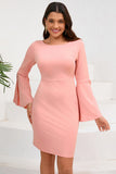 Bodycon Rosa Midi-cocktailkjole med rund hals og lange ermer