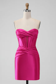 Fuchsia Bodycon Sweetheart Satin Korsett Kort ballkjole