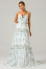 Load image into Gallery viewer, Hvit blå blomst En linje lang tyll brudepike kjole med volanger