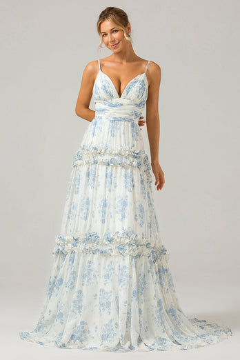 Hvit blå blomst En linje lang tyll brudepike kjole med volanger
