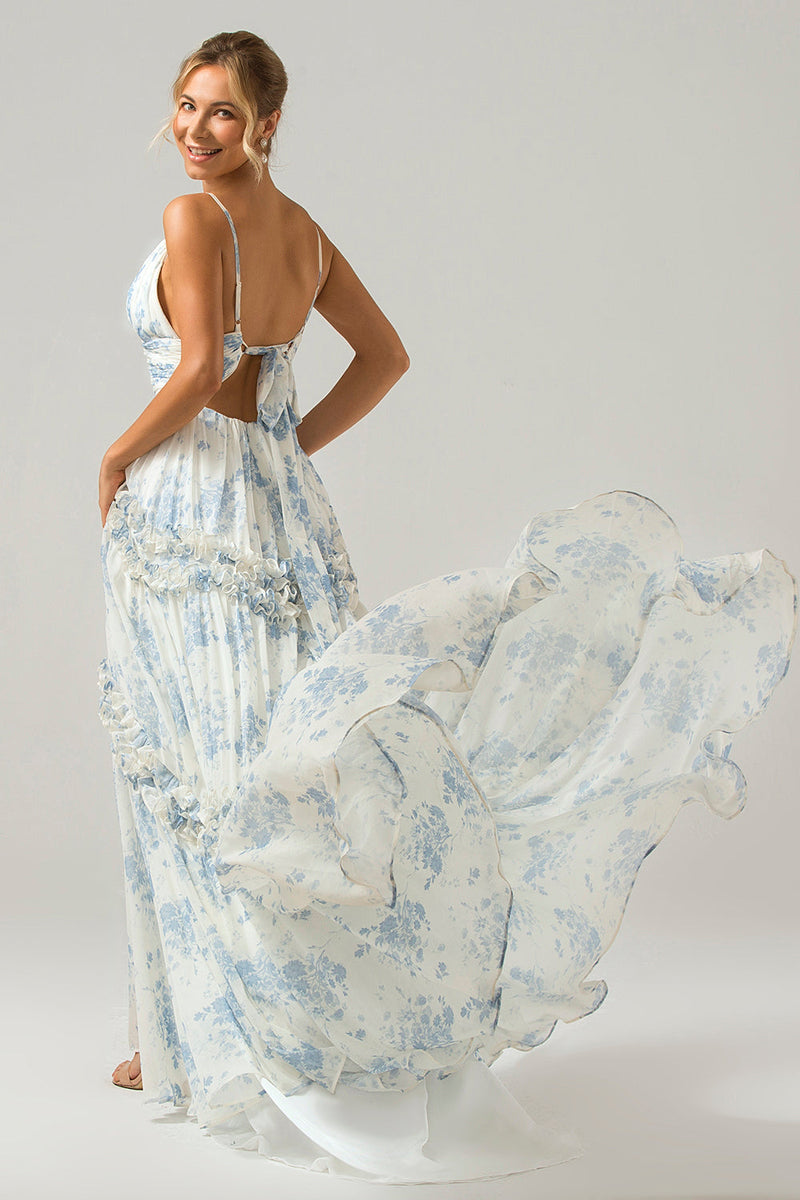 Load image into Gallery viewer, Hvit blå blomst En linje lang tyll brudepike kjole med volanger