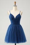 Navy A Line Spaghetti stropper Tyll Lace-Up Back Homecoming Dress