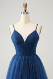 Navy A Line Spaghetti stropper Tyll Lace-Up Back Homecoming Dress