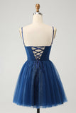 Navy A Line Spaghetti stropper Tyll Lace-Up Back Homecoming Dress