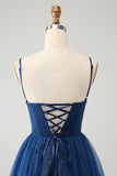 Navy A Line Spaghetti stropper Tyll Lace-Up Back Homecoming Dress