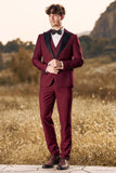 3 deler Peak Lapel Burgundy Balldresser for menn