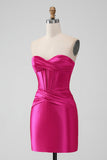 Fuchsia Bodycon Sweetheart Satin Korsett Kort ballkjole