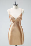 Golden Bodycon Spaghetti Stropper Rynket Beaded Homecoming Kjole med Lace Up Back