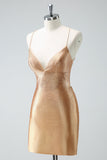 Golden Bodycon Spaghetti Stropper Rynket Beaded Homecoming Kjole med Lace Up Back