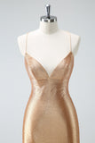 Golden Bodycon Spaghetti Stropper Rynket Beaded Homecoming Kjole med Lace Up Back