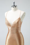 Golden Bodycon Spaghetti Stropper Rynket Beaded Homecoming Kjole med Lace Up Back