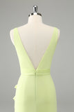 Lime Deep V Neck Ruffles Bryllup Guest kjole med Slit