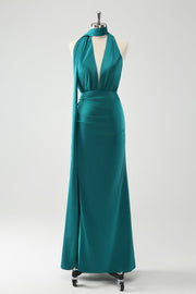 Peacock Sheath V-Neck Backless Wedding Guest kjole med Slit