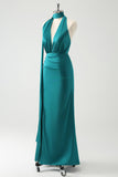 Peacock Sheath V-Neck Backless Wedding Guest kjole med Slit