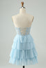 Load image into Gallery viewer, Lyseblå A Line Sweetheart Tiered Short Homecoming Dress med Appliques