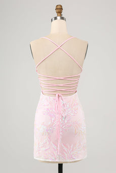 Rosa spaghettistropper Bodycon Homecoming kjole med kryssende rygg