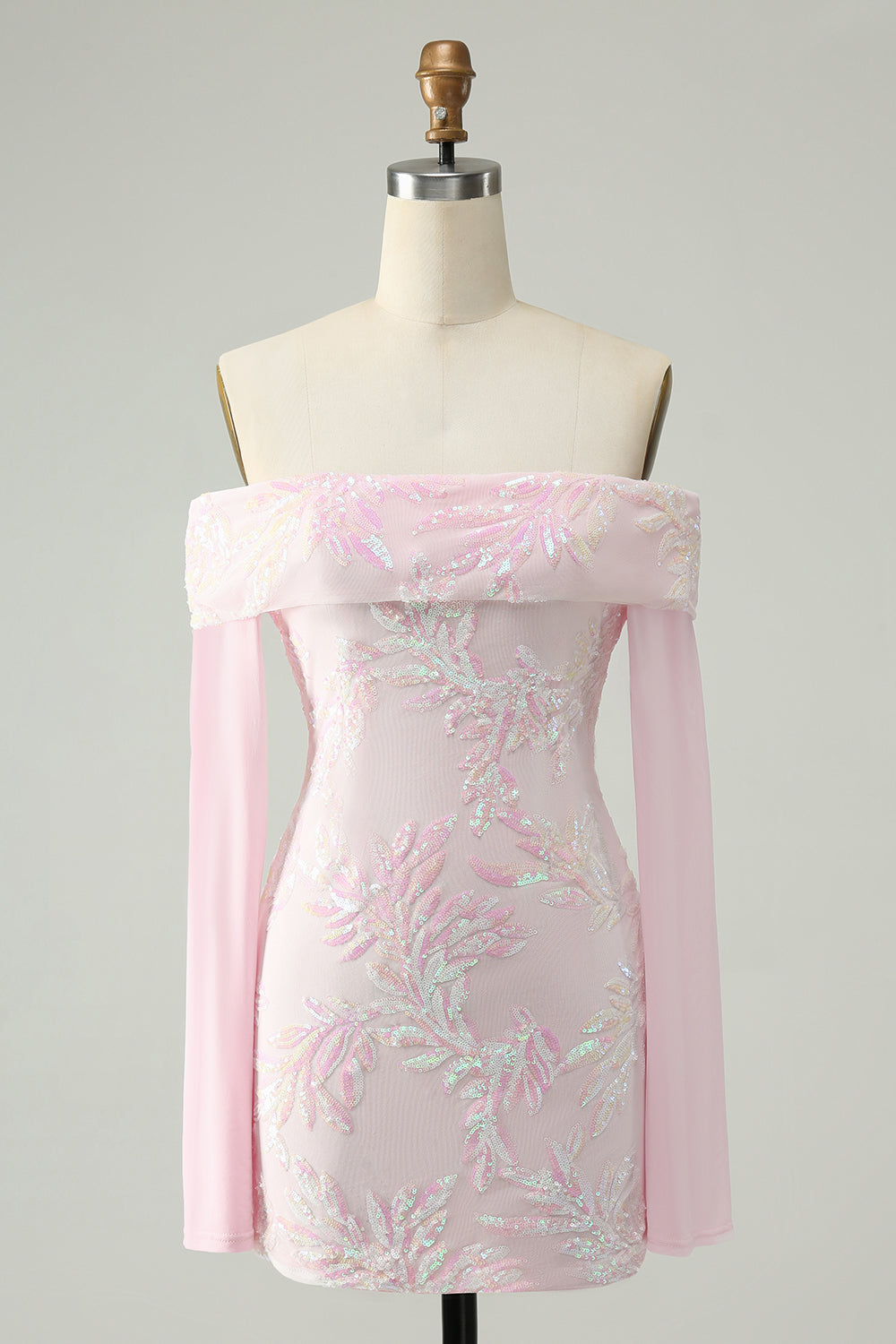 Sparkly Pink Bodycon Off The Shoulder Sequin Homecoming kjole med lange ermer
