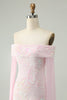 Load image into Gallery viewer, Sparkly Pink Bodycon Off The Shoulder Sequin Homecoming kjole med lange ermer